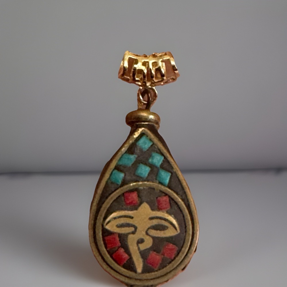 Thick Tibetan Turquoise Red Coral Buddha Eye OM Teardrop Heart Brass GhauPendant